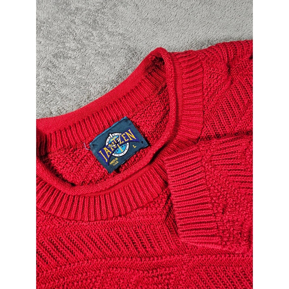 Vintage Janzen USA Red Textured Knit Sweater Men's L Geometric Crewneck 90s y2k